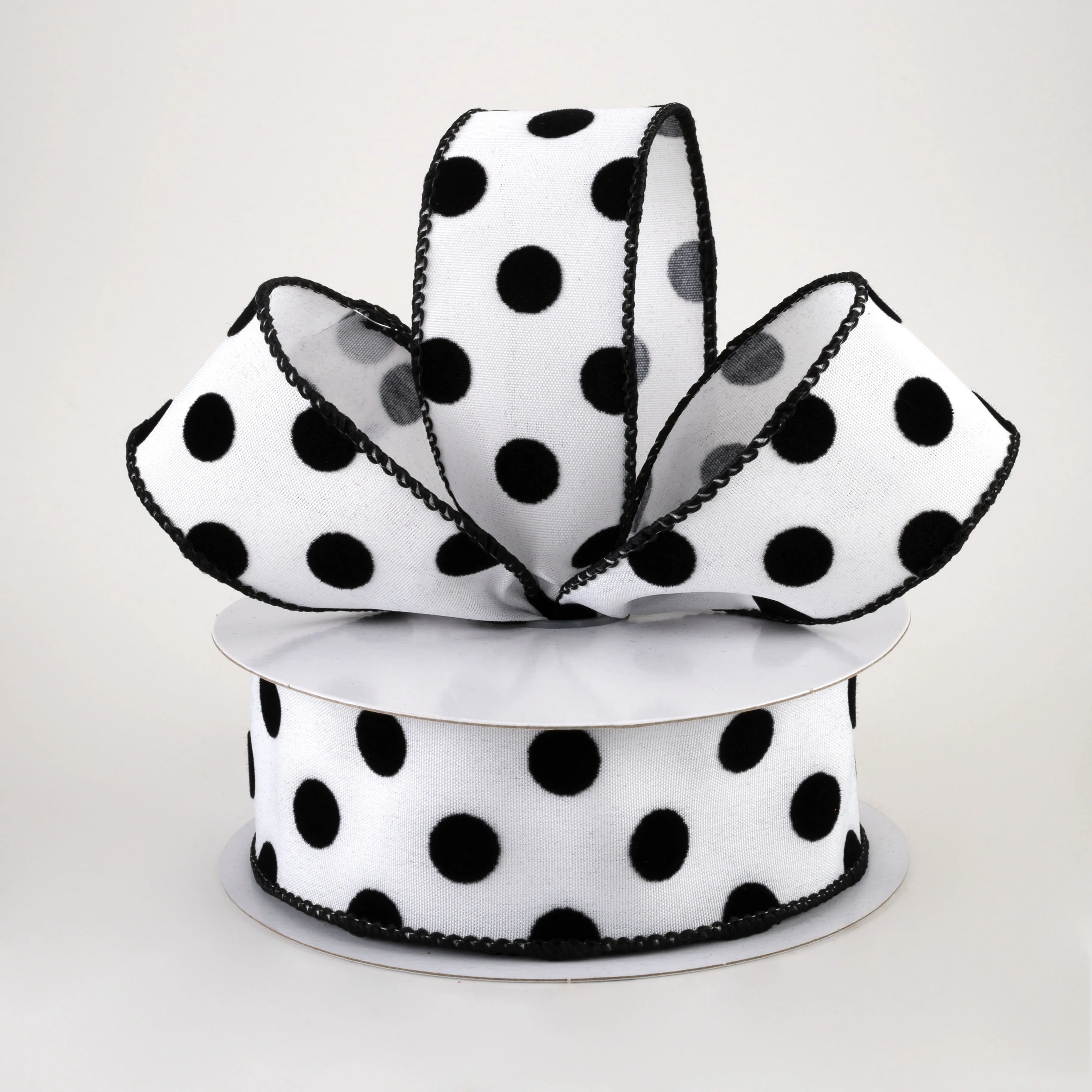 1.5" Flocked Dots Ribbon: White & Black (10 Yards)