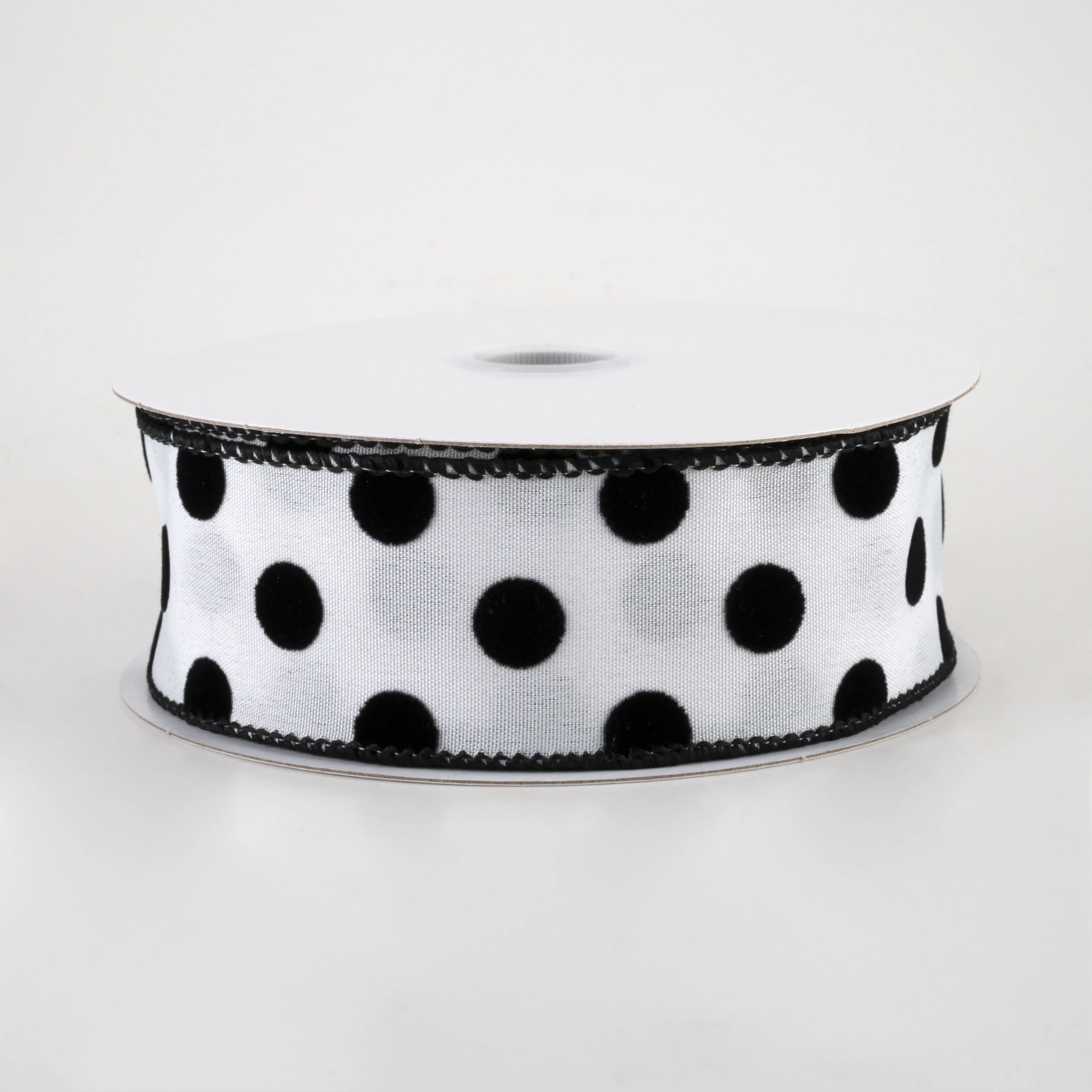 1.5" Flocked Dots Ribbon: White & Black (10 Yards)