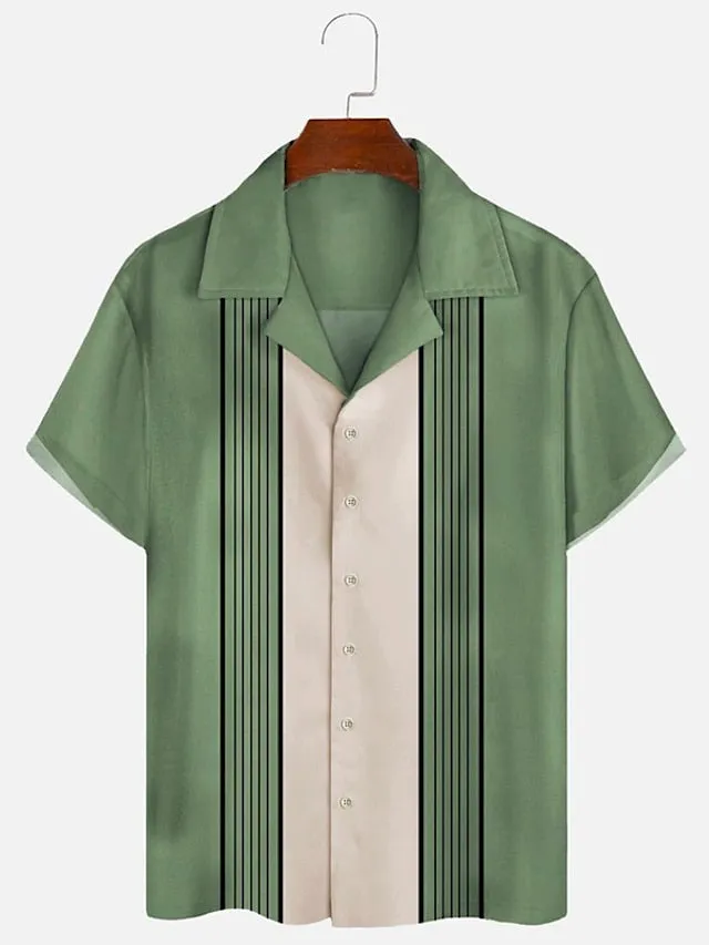 1950s Style Men's Comfortable Camp Collar Shirt with Color Block Print