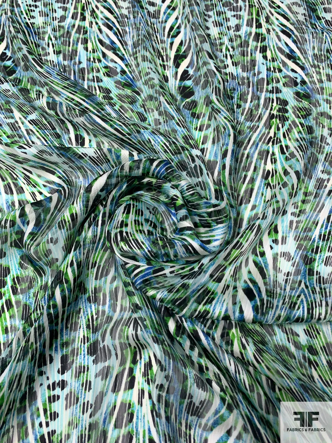 Animal Pattern and Streaky Lined Shadow Stripe Satin Polyester Chiffon - Turquoise / Green / Black / Off-White