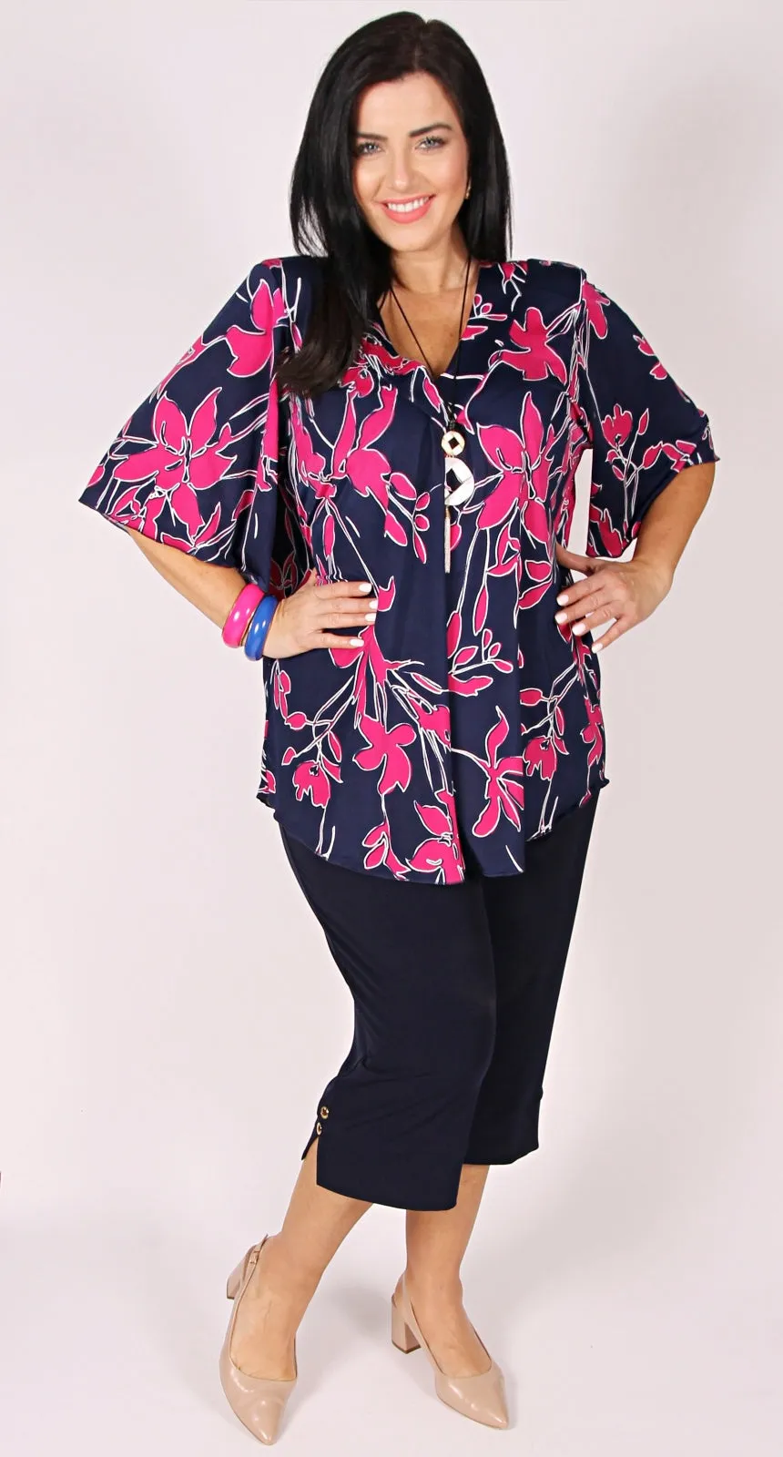 Bella V-Neck Top Navy/Cerise