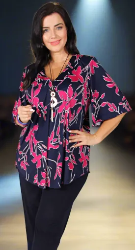 Bella V-Neck Top Navy/Cerise