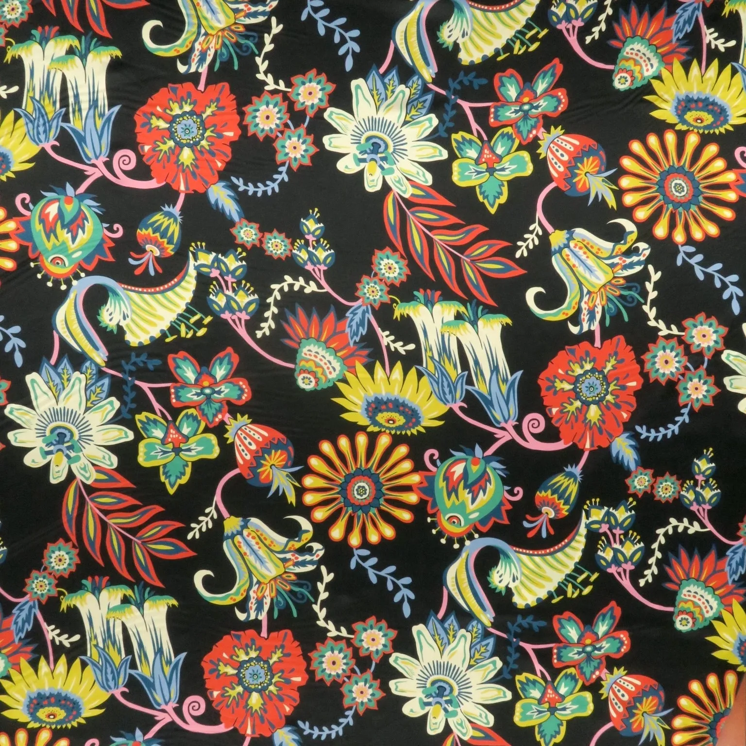 Black Background with Multicolored Floral Printed Silk Charmeuse Fabric
