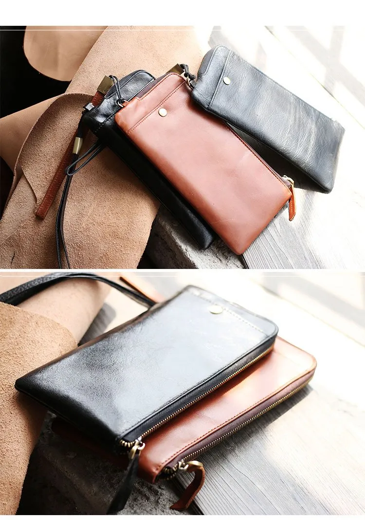 Black Leather Mens Long Wallet Zipper Clutch Wallet Brown Wristlet Long Wallet For Men