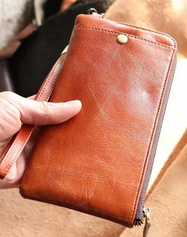 Black Leather Mens Long Wallet Zipper Clutch Wallet Brown Wristlet Long Wallet For Men