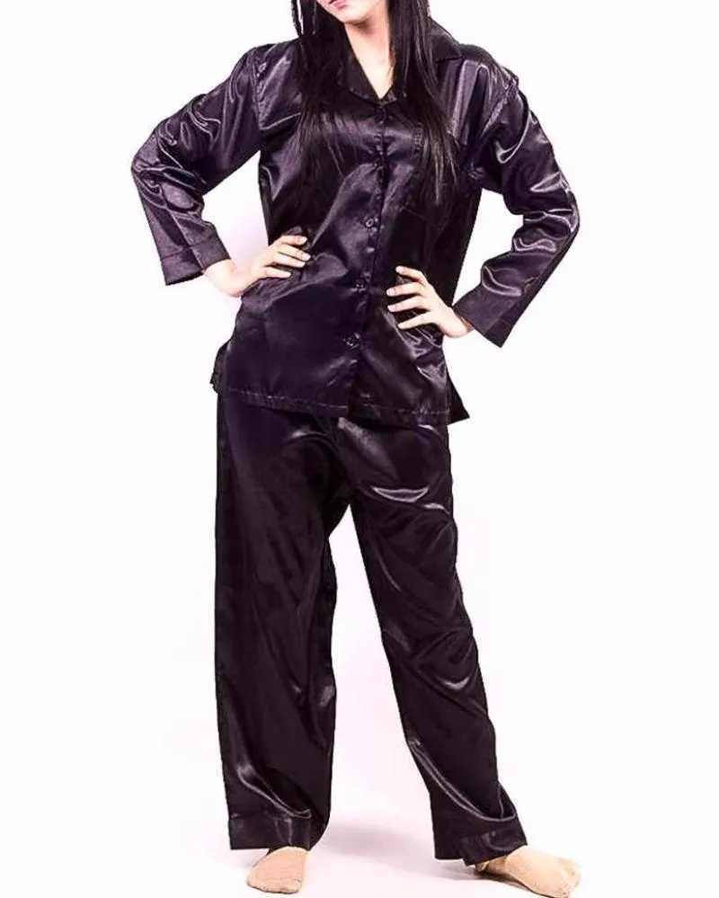 Black Polyester Solid Satin PJ Set