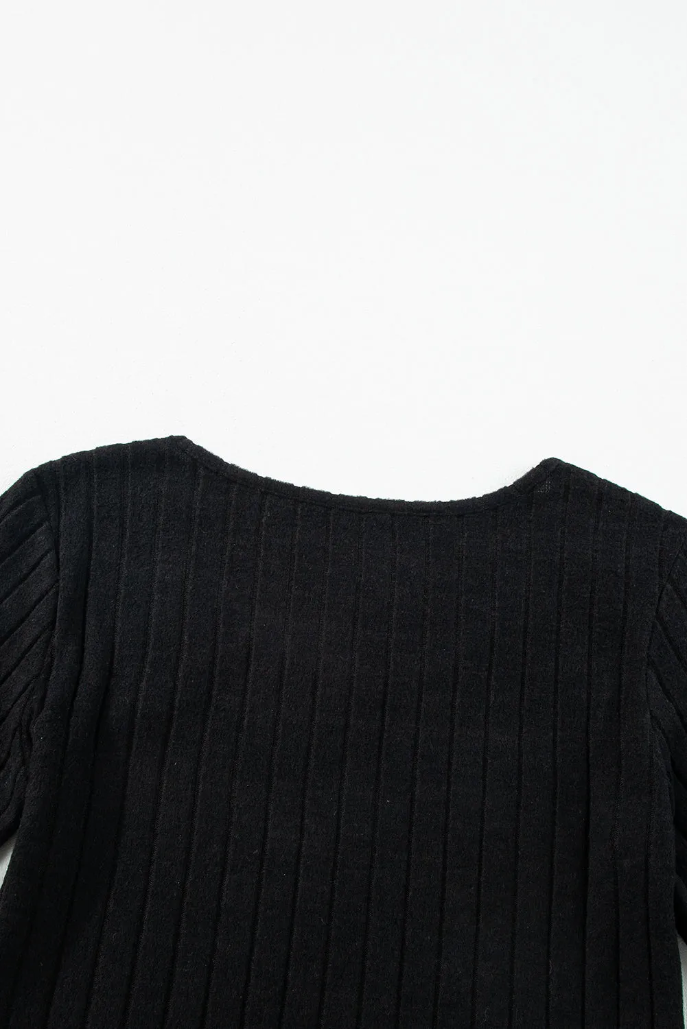 Black Ribbed Bishop Sleeve Round Neck Top