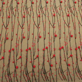 Black Tulle with Red 3D High Relief Balls and Branches Embroidered Fabric