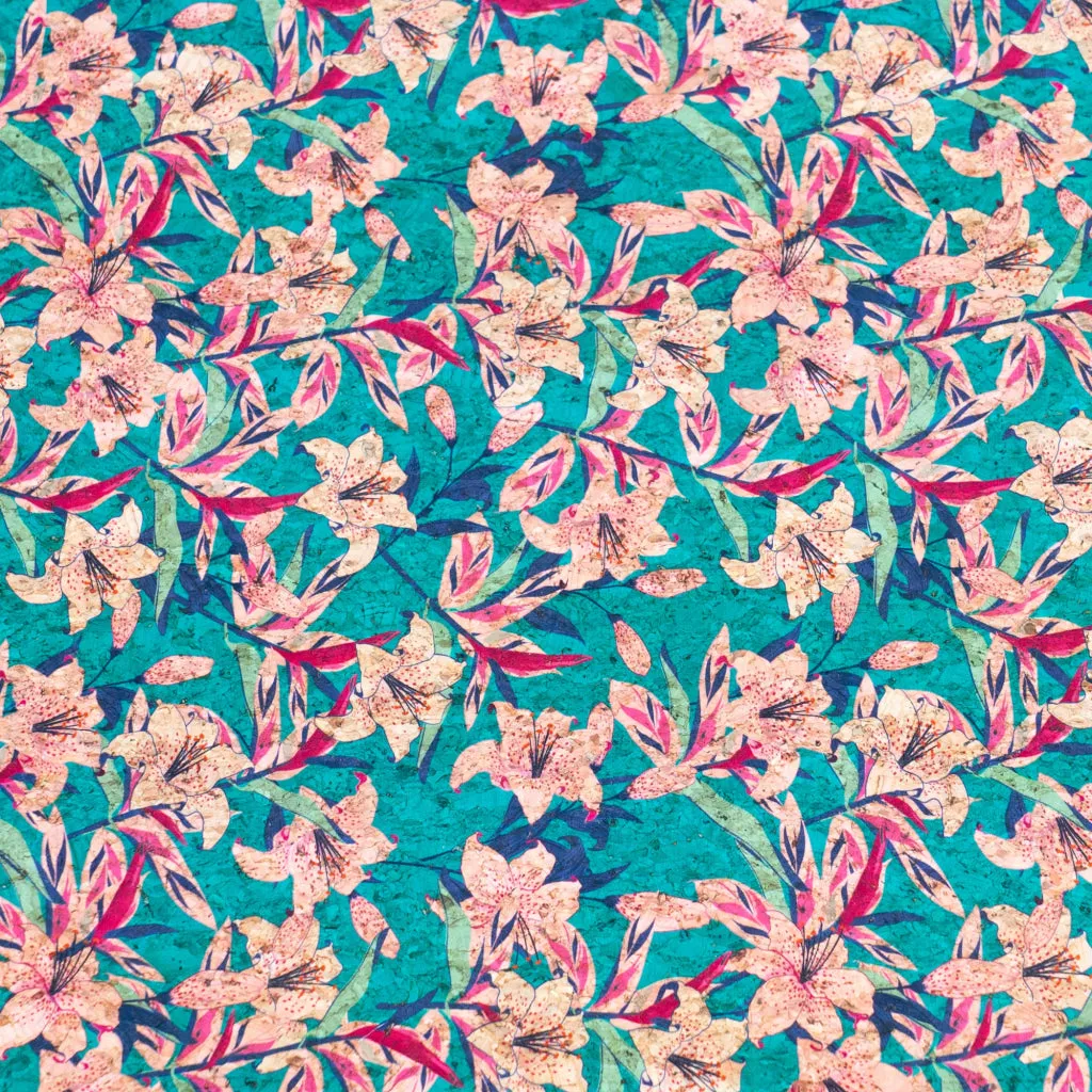 Blue Background with Pink Trumpet Flower Print Cork Fabric, Beige Back, 0.86mm Thickness COF-538