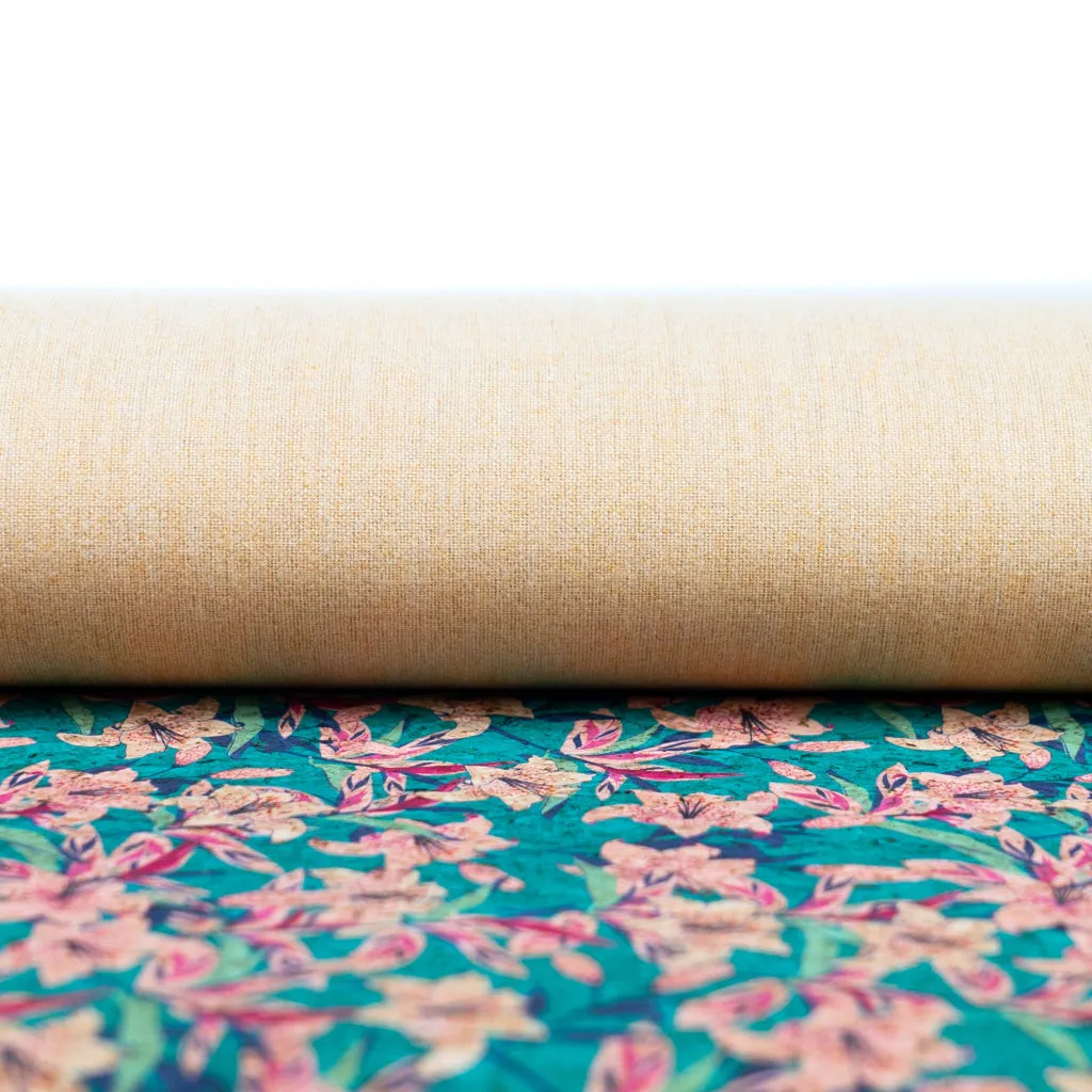 Blue Background with Pink Trumpet Flower Print Cork Fabric, Beige Back, 0.86mm Thickness COF-538