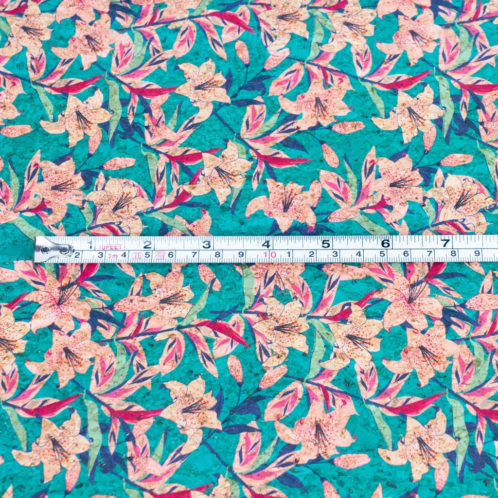 Blue Background with Pink Trumpet Flower Print Cork Fabric, Beige Back, 0.86mm Thickness COF-538