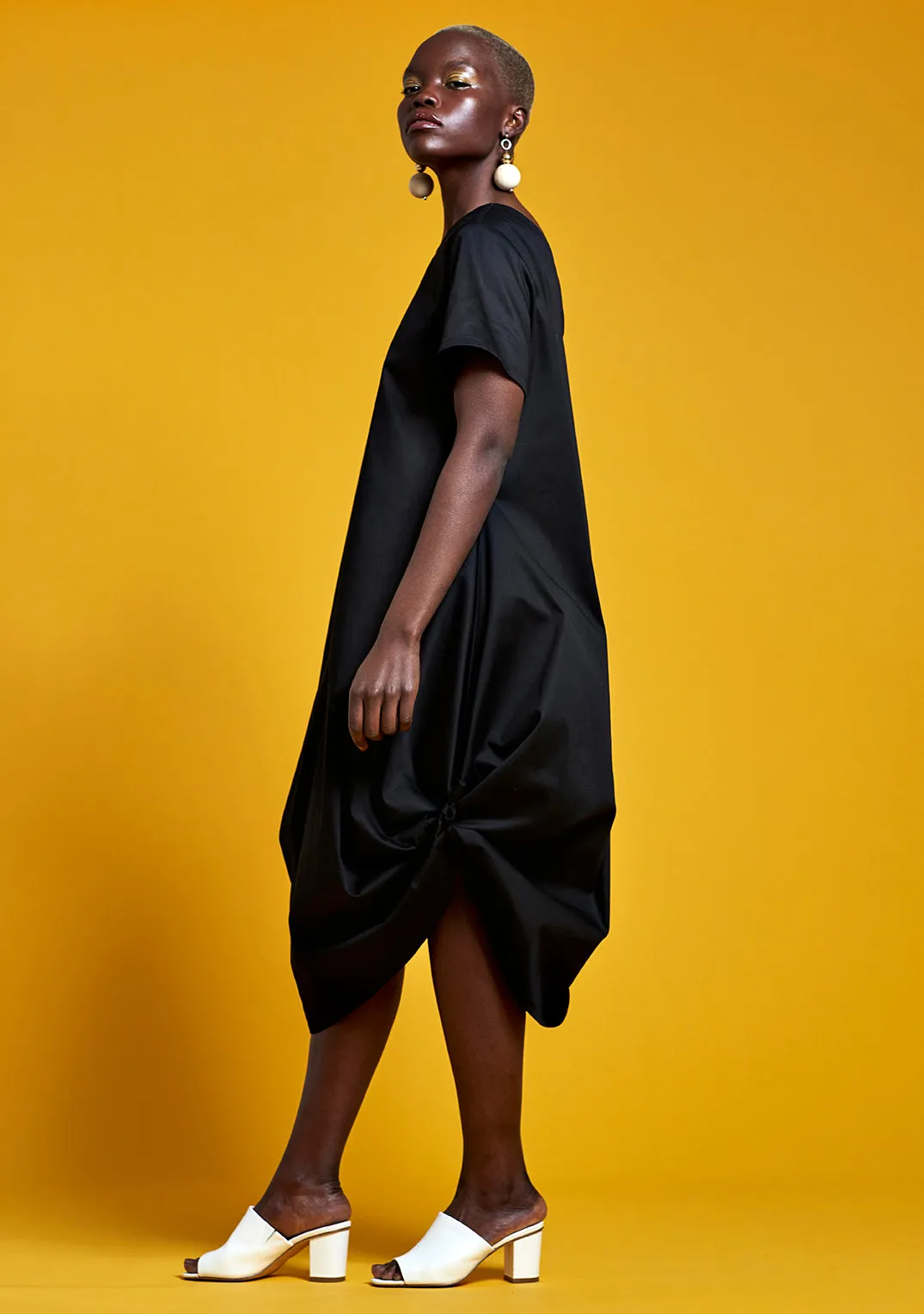 CAST DRESS ~ REVERSIBLE & CONVERTIBLE  [ Black Cotton Sateen, Short Sleeved, Wrap Ties ]