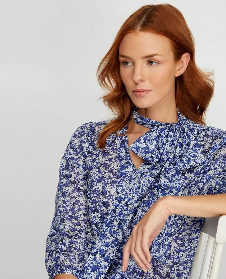 Cobalt Garden Floral Tie Neck Blouse