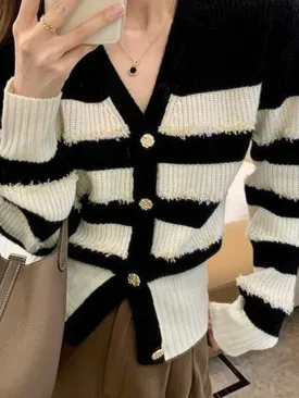 Contrast Color Stripe V Neck Knit Cardigan