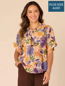 Half Smocked Short Sleeve Round Neck Printed Plus Size Woven Top