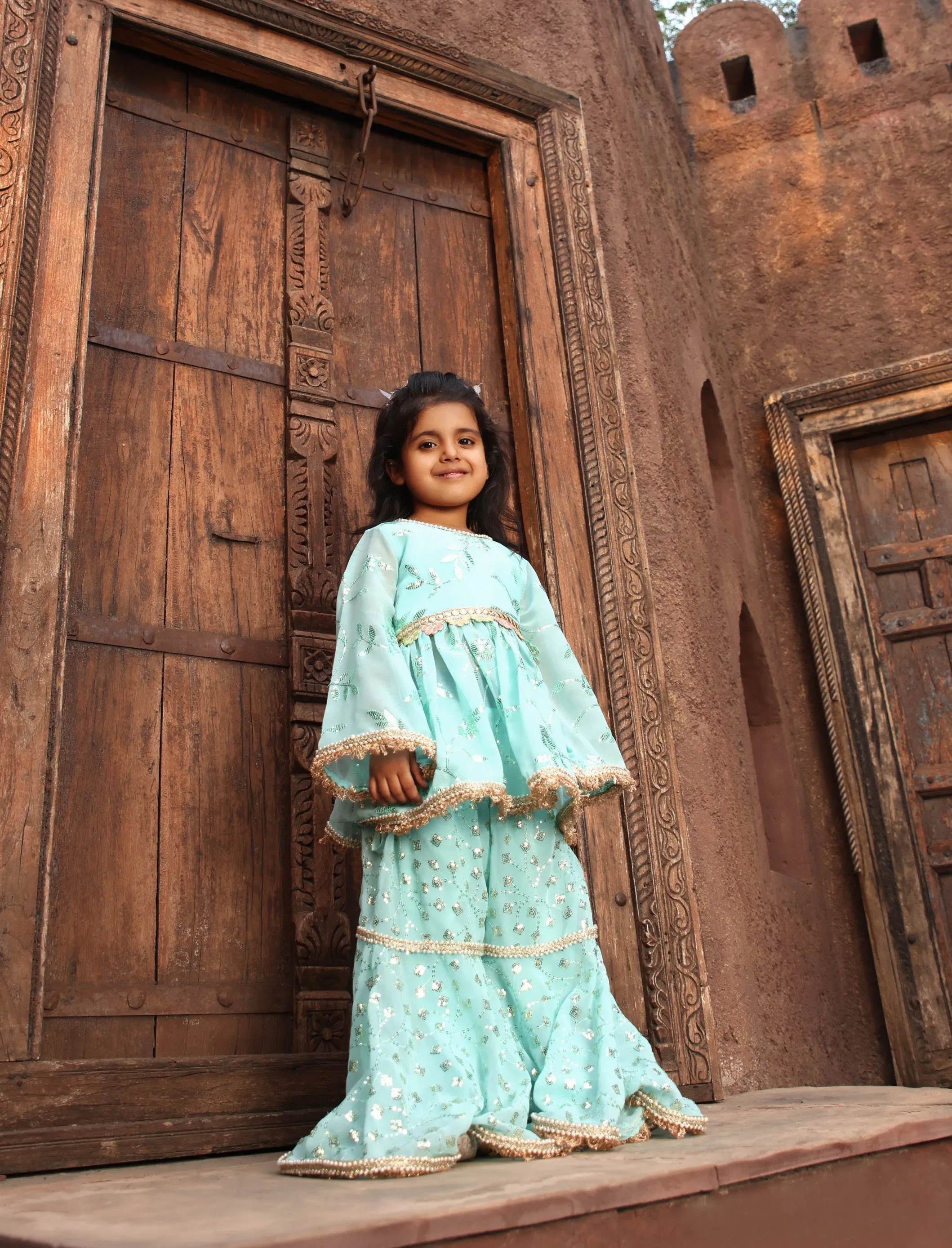 Pre Order: Blue Embroidery Kurti Sharara