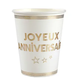 "Joyeux Anniversaire" Birthday Paper Cups, White and Gold, 9 Oz, 10 Count