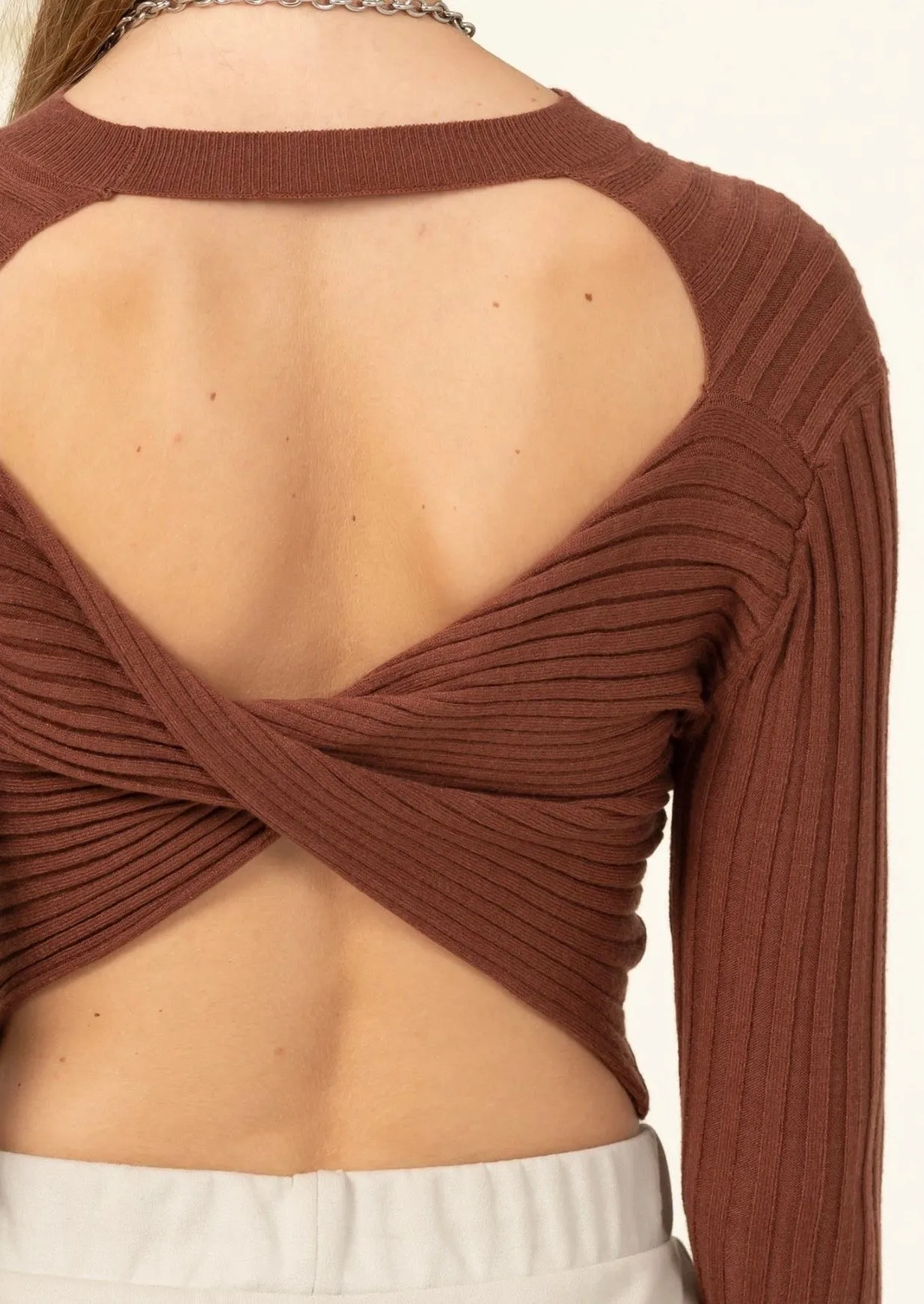 Remember Me Open Back Ribbed Sweater in Brown