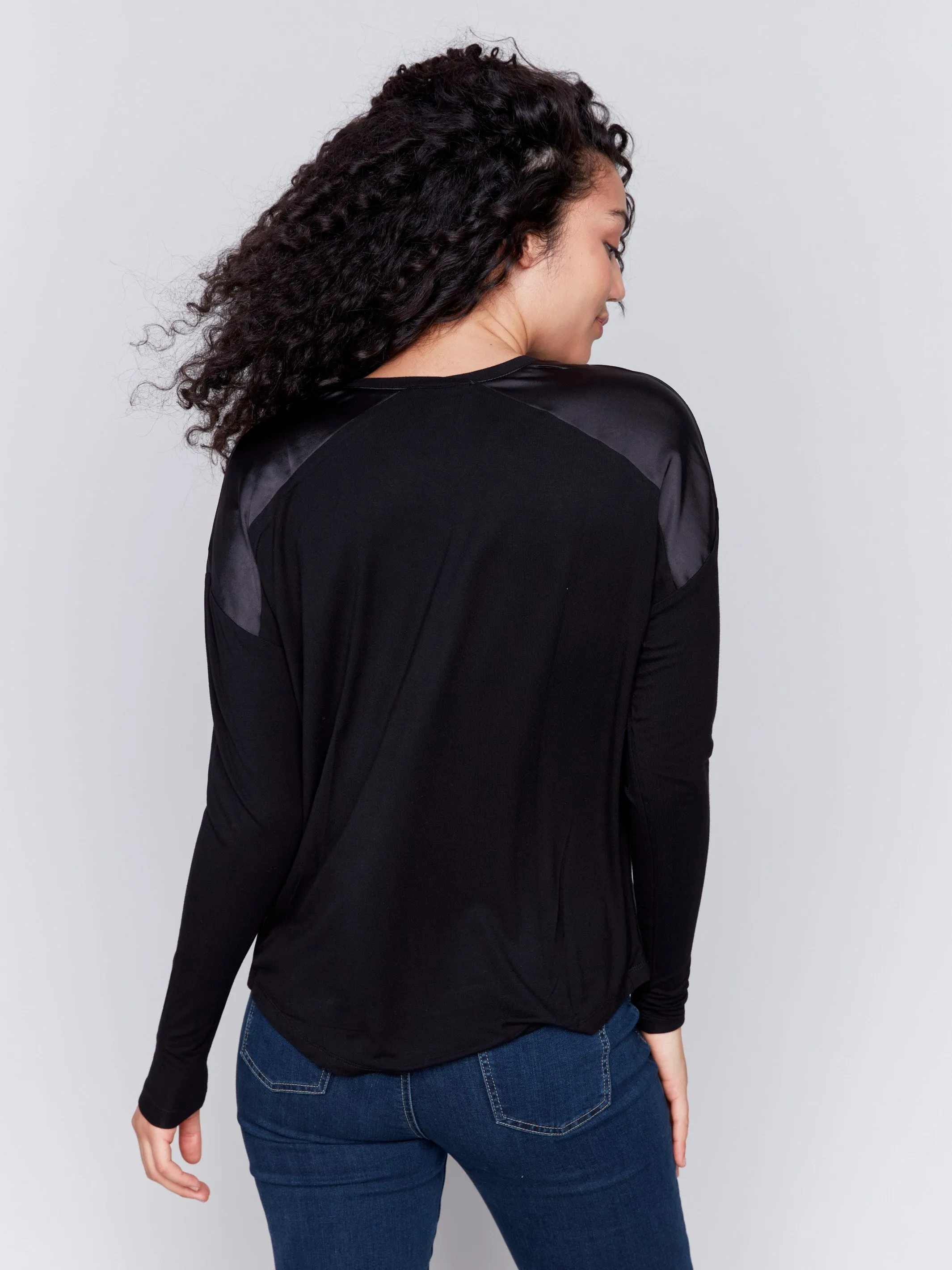 Satin and Jersey V-Neck Knit Top - Black