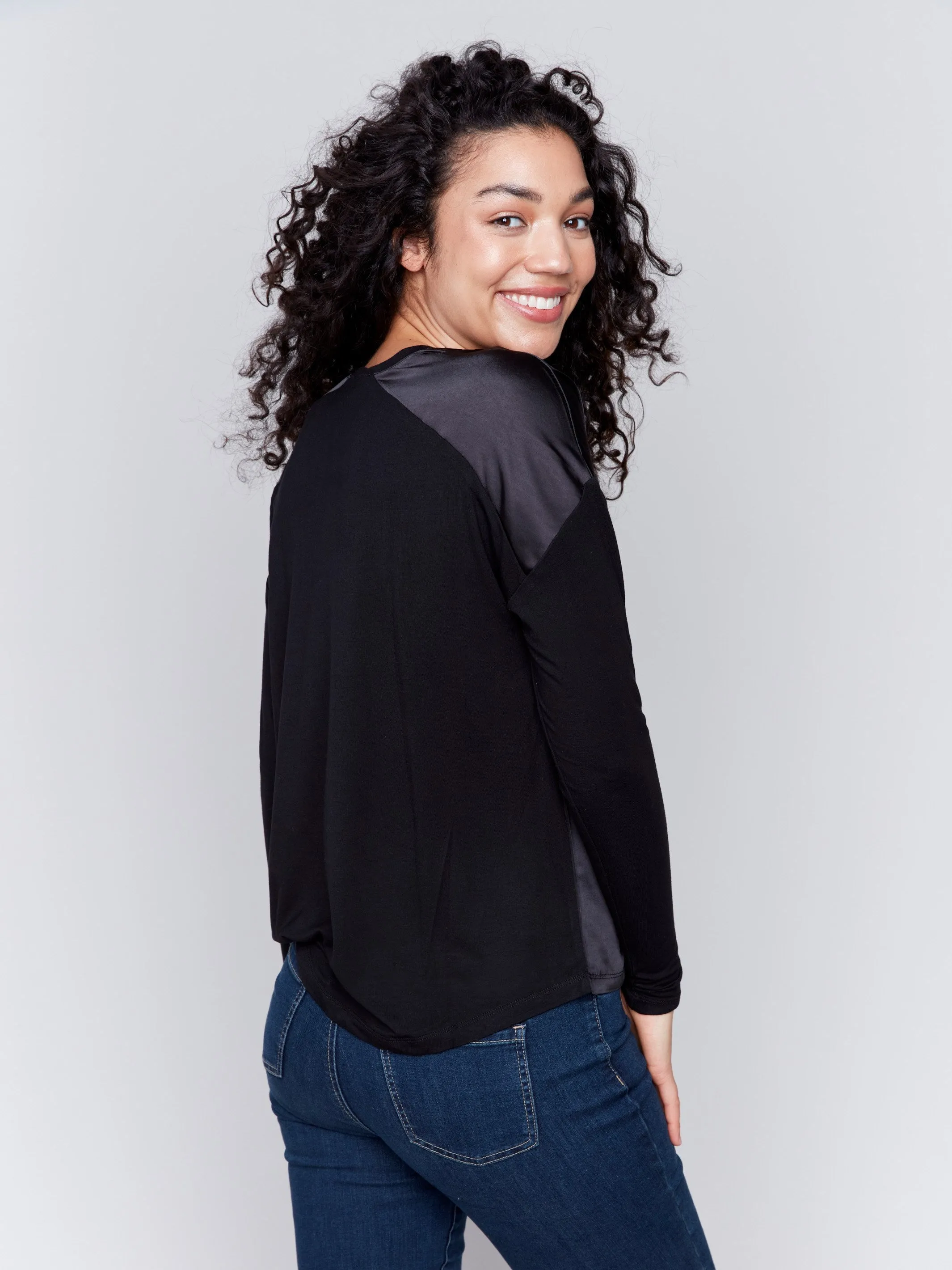 Satin and Jersey V-Neck Knit Top - Black