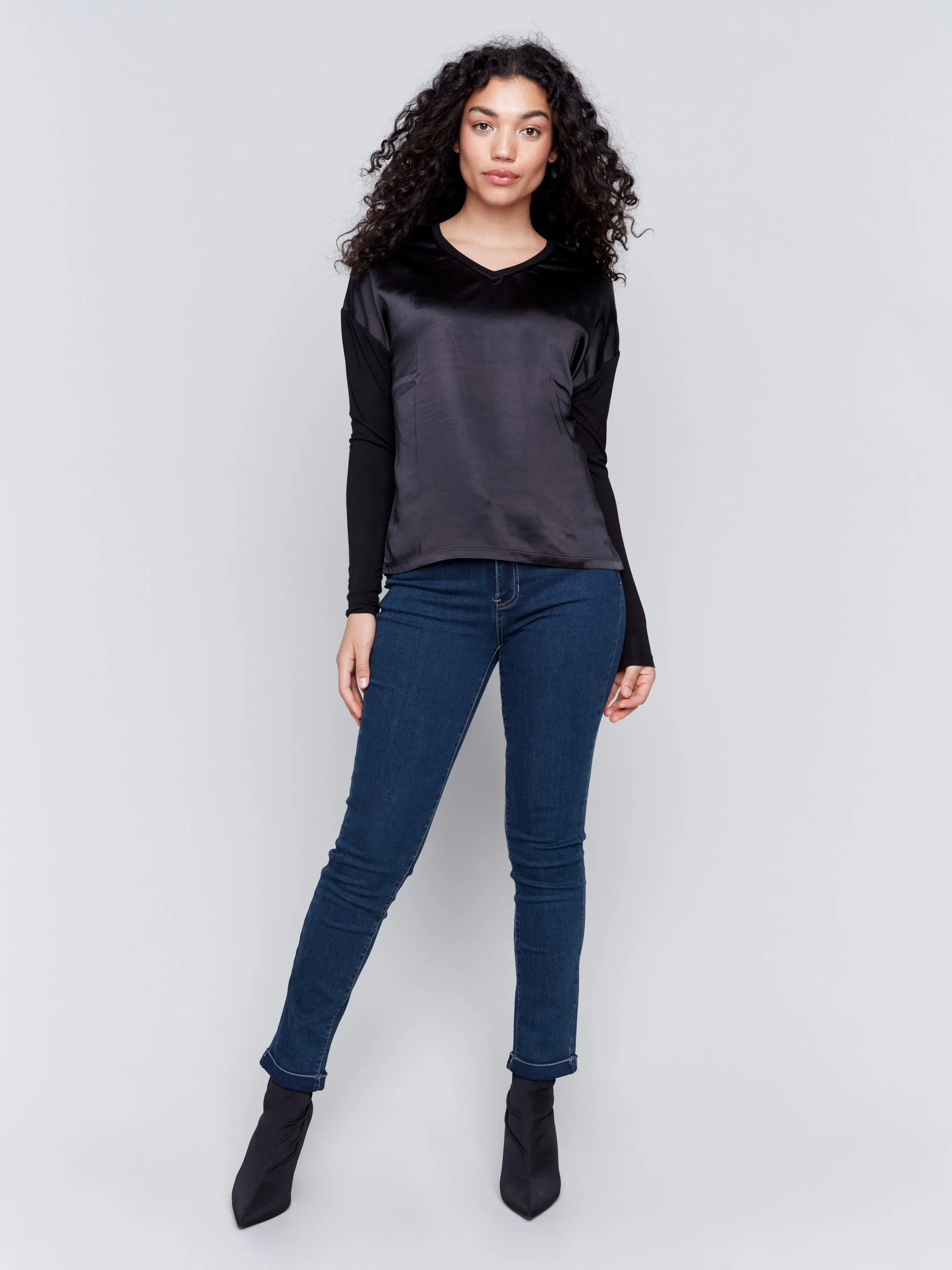 Satin and Jersey V-Neck Knit Top - Black