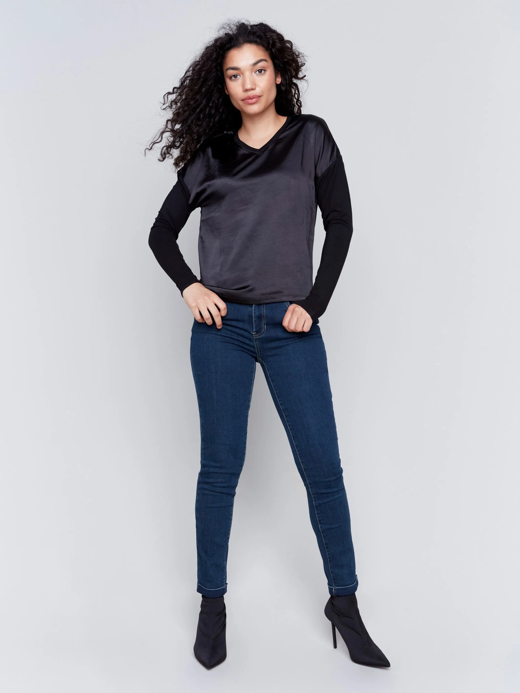 Satin and Jersey V-Neck Knit Top - Black