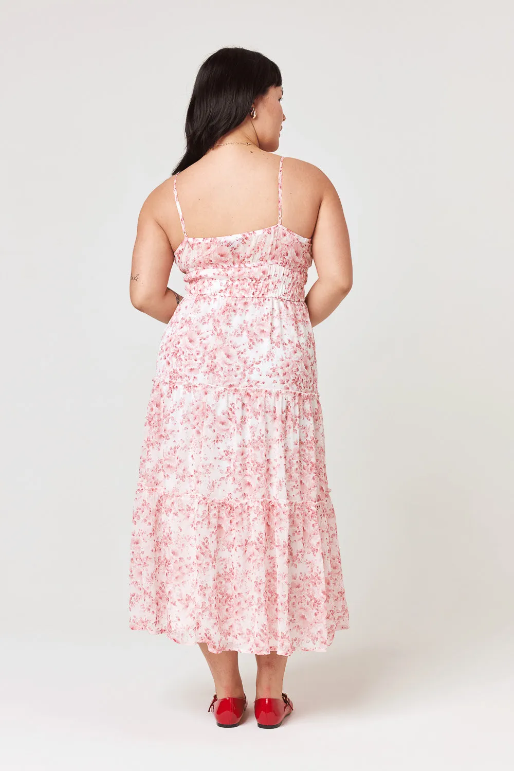 White Pink Floral Surplice Tiered Midi Dress