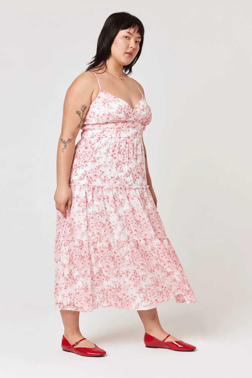 White Pink Floral Surplice Tiered Midi Dress