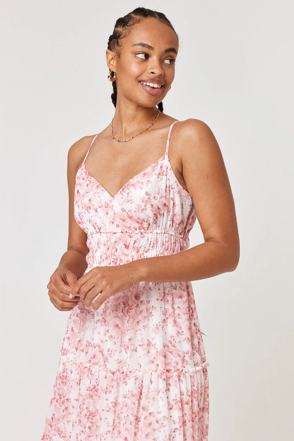 White Pink Floral Surplice Tiered Midi Dress