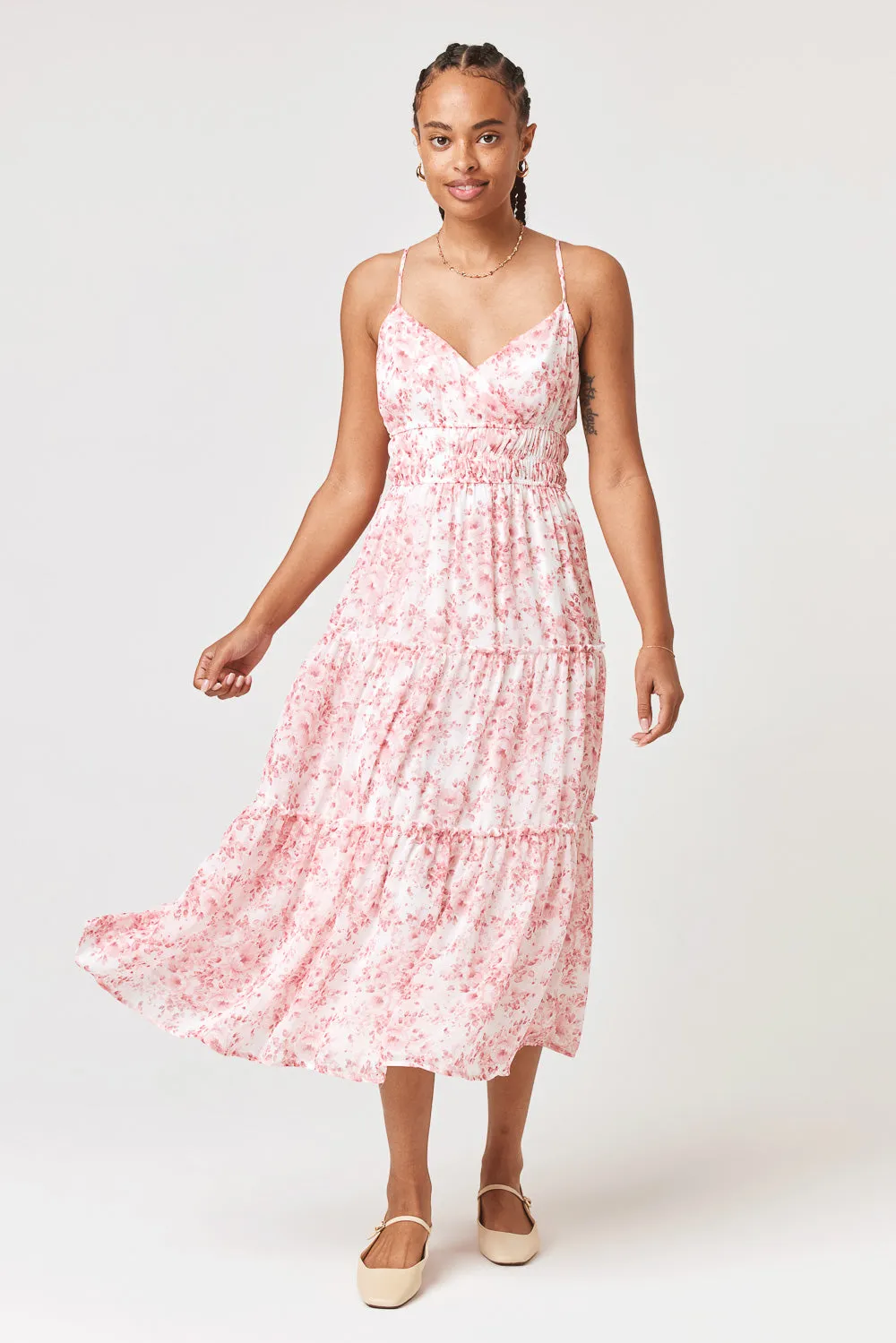 White Pink Floral Surplice Tiered Midi Dress