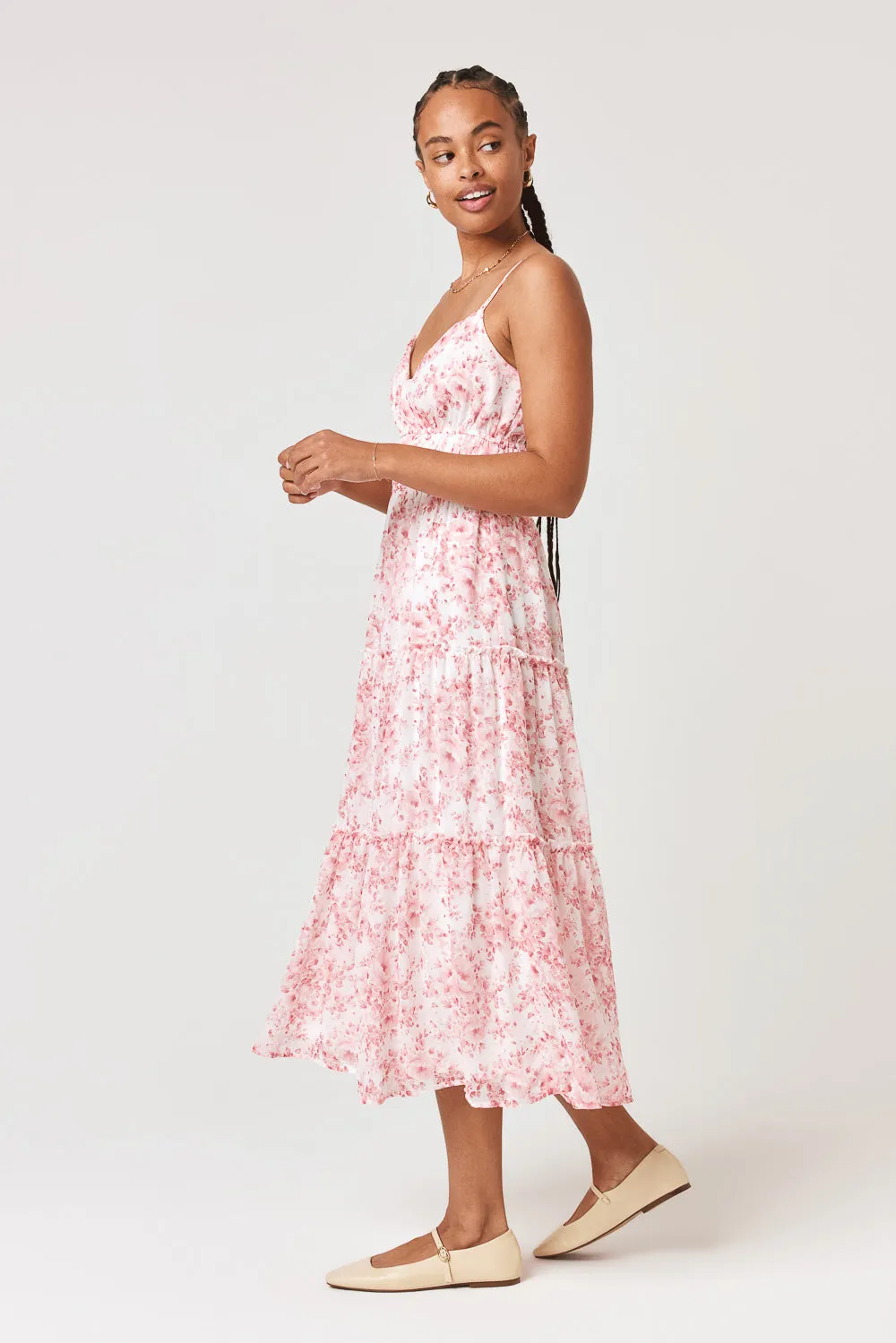 White Pink Floral Surplice Tiered Midi Dress