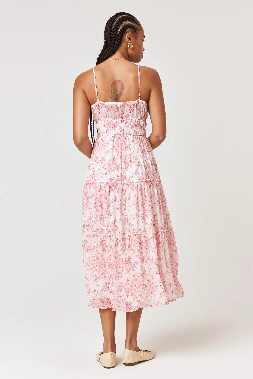 White Pink Floral Surplice Tiered Midi Dress